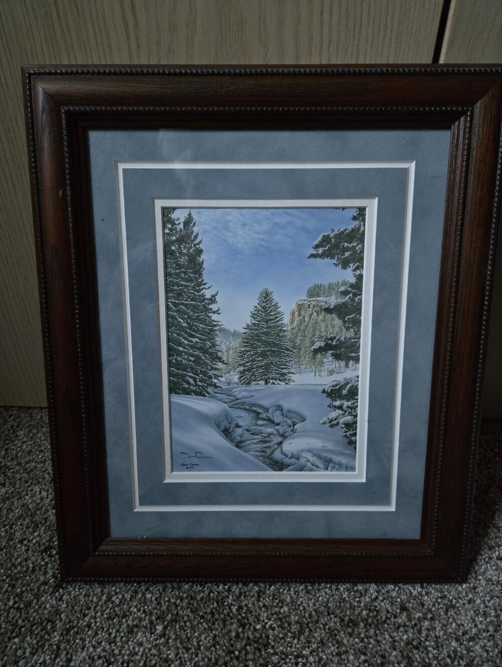 Winter Pines Framed Wall Art in Blue Mat and Brown Frame